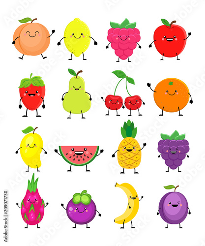 Funny cartoon set of different fruits. Smiling peach, lemon, man