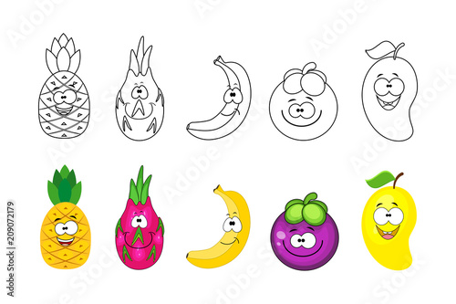 Photos Cartoon fruits set. Coloring book pages for kids. Pineapple, dra