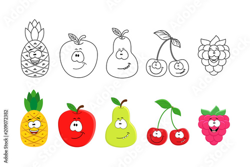 Cartoon fruits set. Coloring book pages for kids. Pineapple, app