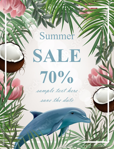 Summer sale card with palm tree, coconuts, dolphin Vector