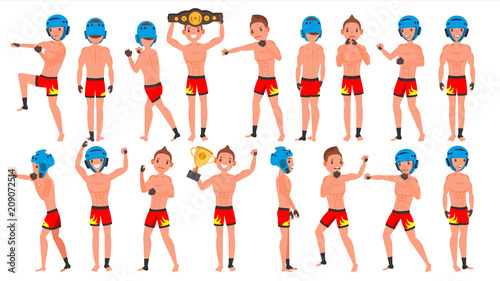 MMA Player Male Vector. Muay Thai Poses. Muscular Sports Guy Workout. Isolated Flat Cartoon Character Illustration
