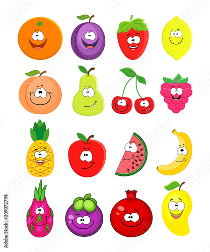 Cartoon set of different fruits.  Peach, lemon,  watermelon, che