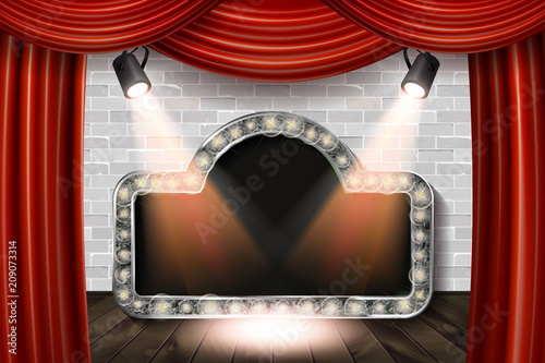 Wooden stage with red curtain and white brick