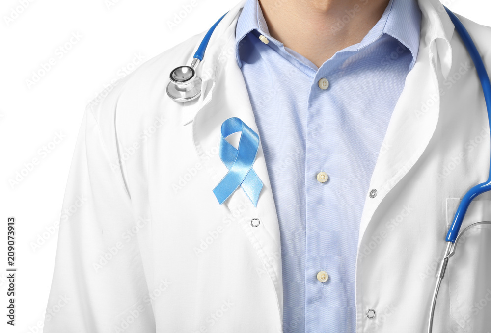 Doctor with symbolic blue ribbon on white background, closeup. Prostate cancer concept Doctor with symbolic blue ribbon on white background, closeup. Prostate cancer concept