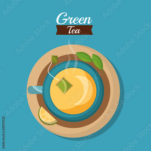 top view teacup teabag and lemon herbal leaves tea time vector illustration