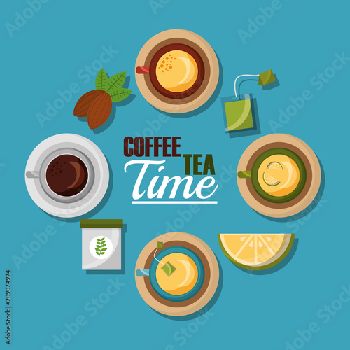 coffee and tea time coffee and tea cups lemon seed and teabag collection vector illustration