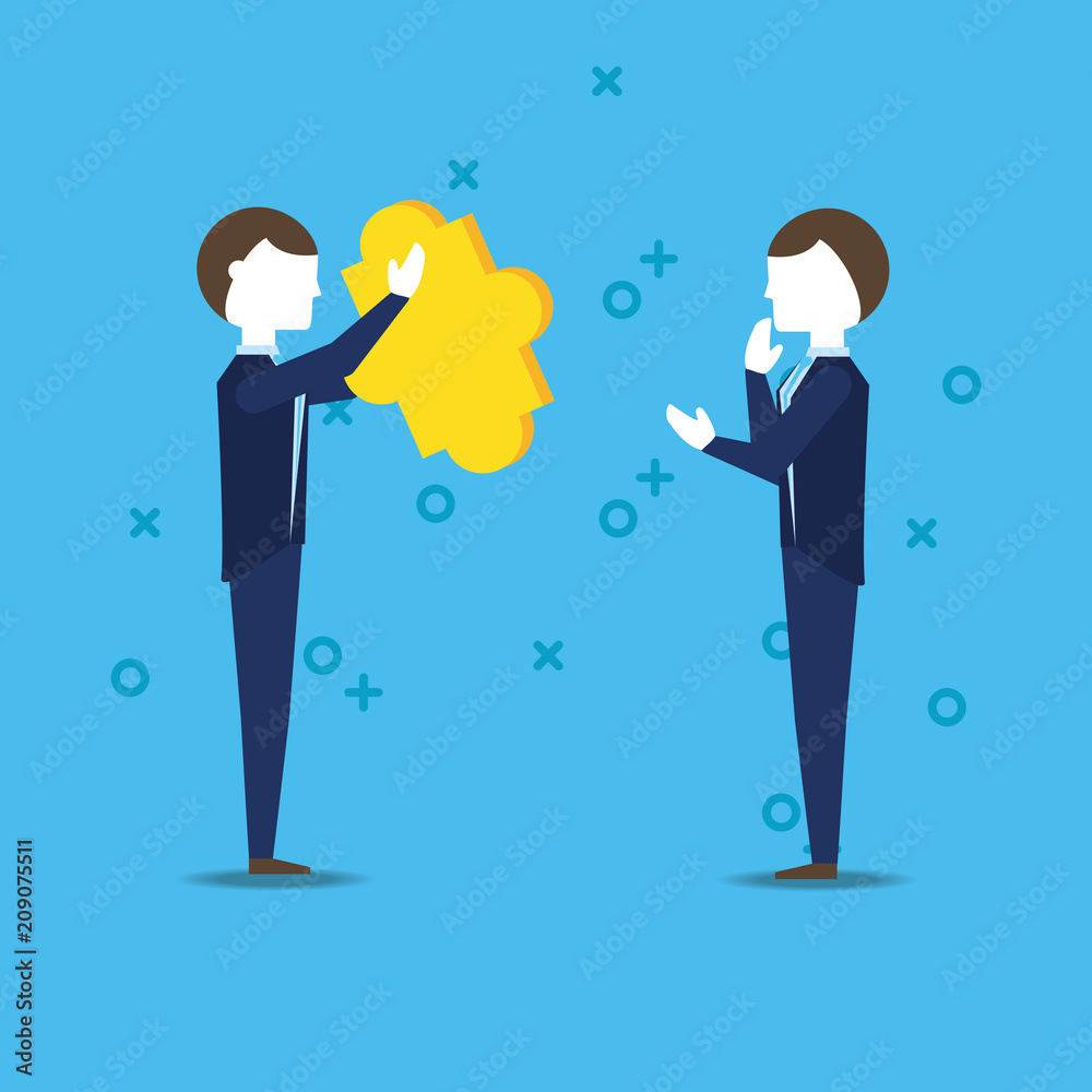 businessmen with puzzle piece over blue background, colorful design. vector illustration