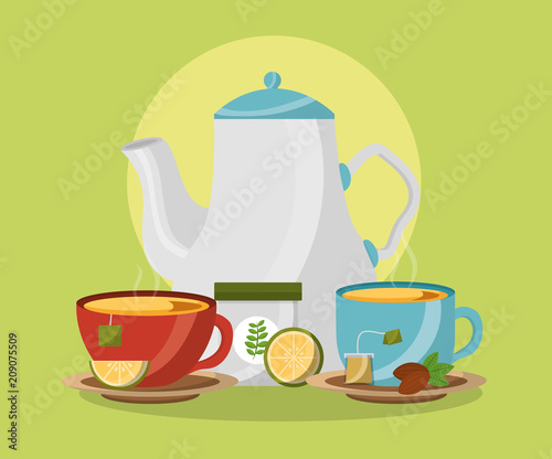 teapot and ceramic cups with hot beverage lemon tea time vector illustration