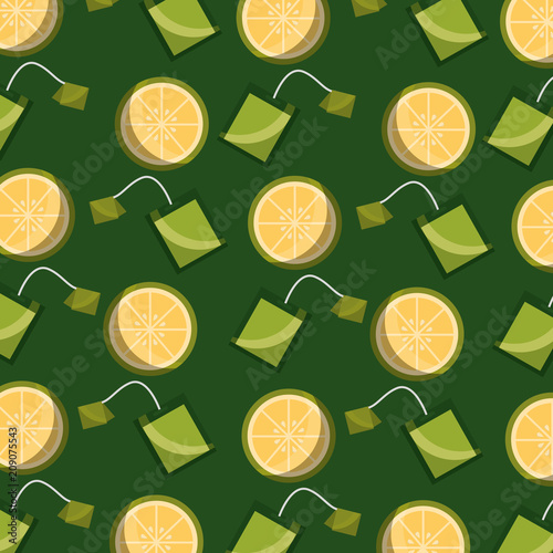 tea time teabag and slices lemon green background design vector illustration