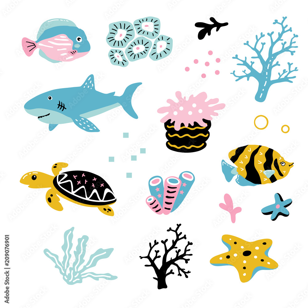 Fototapeta premium Ilustracja wektorowa słodkich zabawnych zwierząt oceanicznych dla dzieci do druku, plakatu, skandynawskiego projektu