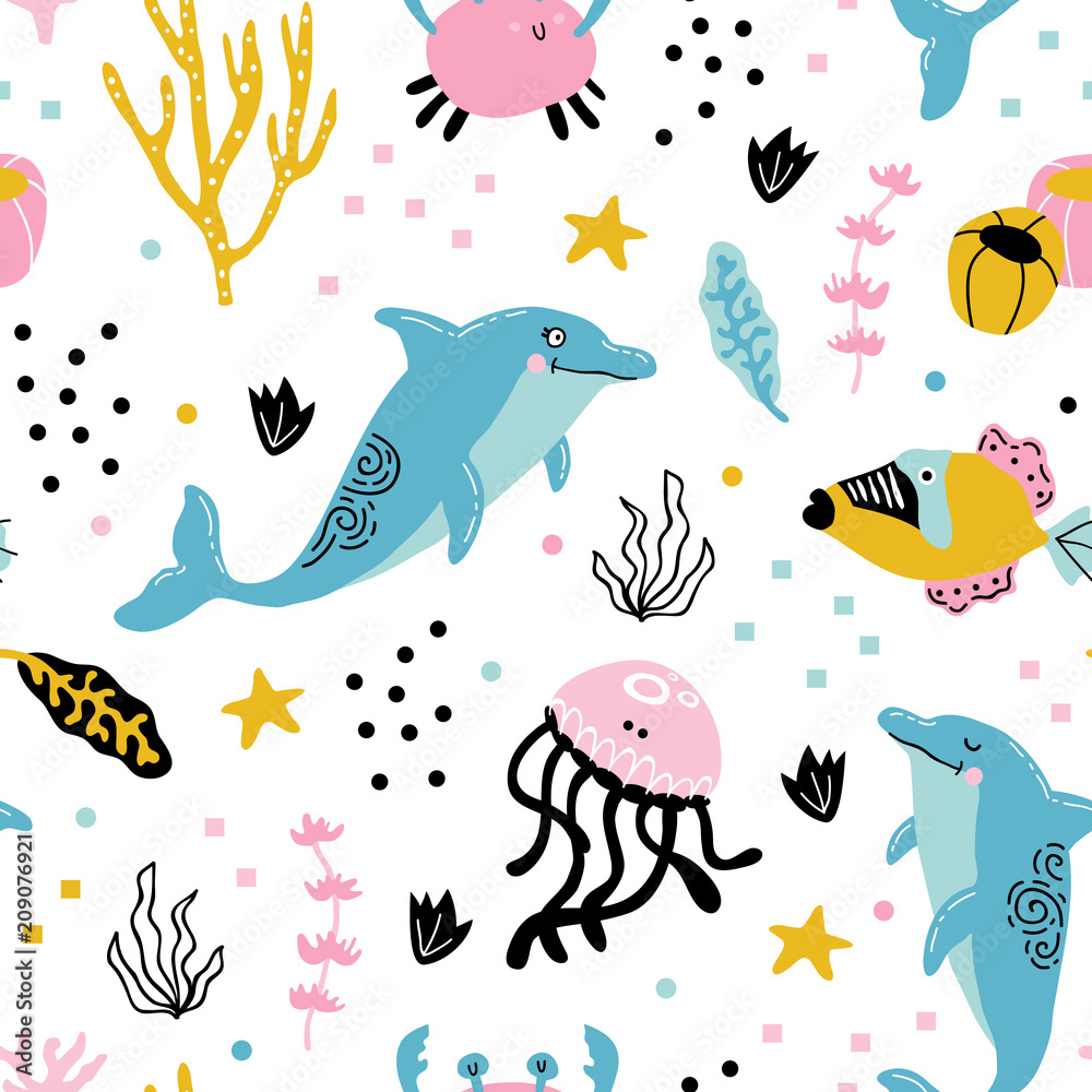 vector seamless background pattern with funny baby dolphins for fabric, textile
