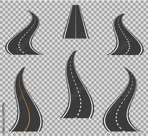 Road icons footpath bending and high ways. Road curves geometric design vector illustration.
