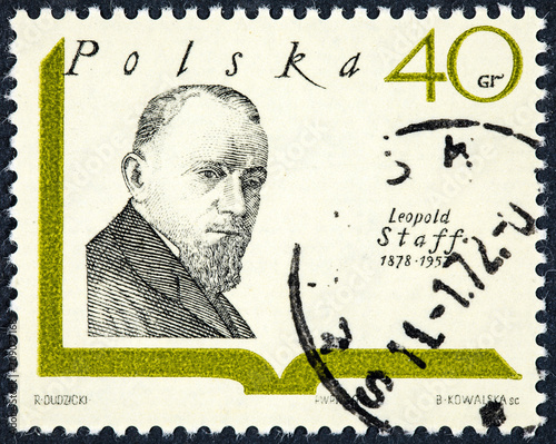 A stamp printed in Poland shows a portrait image of polish writer Leopold Staff