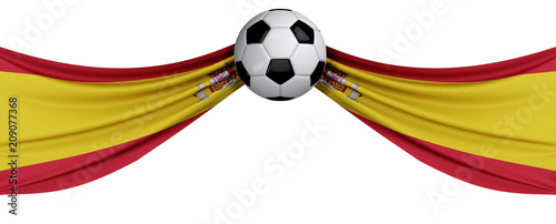 The national flag of Spain with a soccer ball. Football supporter concept. 3D Rendering