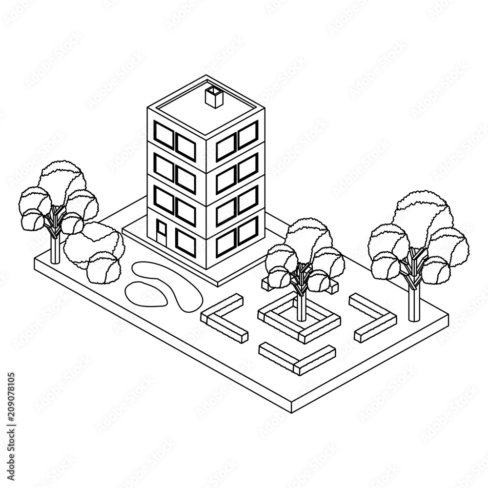 Fototapeta premium building with landscape isometric icon vector illustration design
