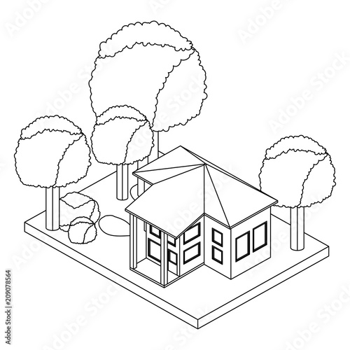 exterior house with landscape isometric icon vector illustration design