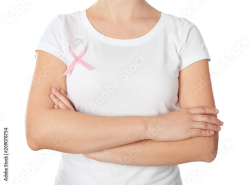 Wallpaper Mural Woman with pink ribbon on t-shirt against white background. Breast cancer awareness concept Torontodigital.ca