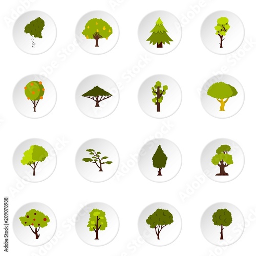 Green tree icons set. Flat illustration of 16 green tree vector icons set illustration
