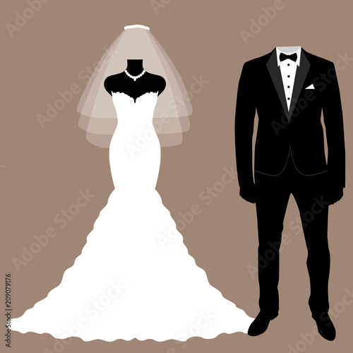 Wedding card with the clothes of the bride and groom. Wedding se