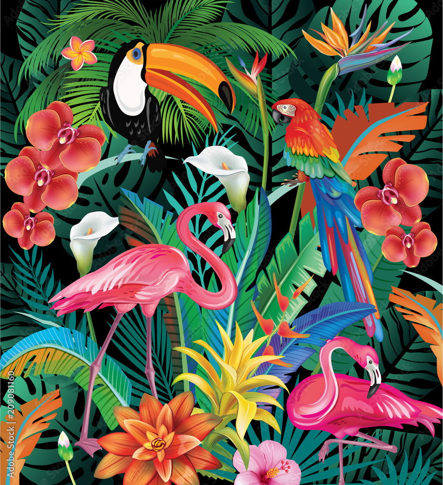 Composition of Tropical Flowers and Birds - obrazy, fototapety, plakaty 