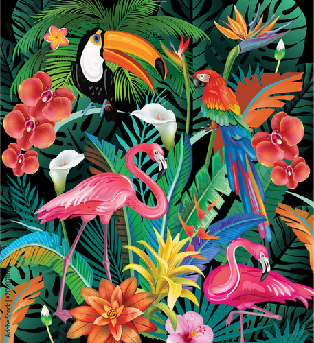Composition of Tropical Flowers and Birds