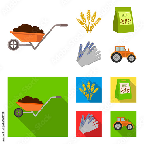Spikelets of wheat, a packet of seeds, a tractor, gloves.Farm set collection icons in cartoon,flat style vector symbol stock illustration web.