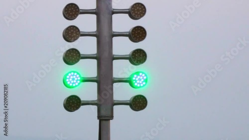 Drag racing street tree light. Stage lamp signal at quarter mile circuit.