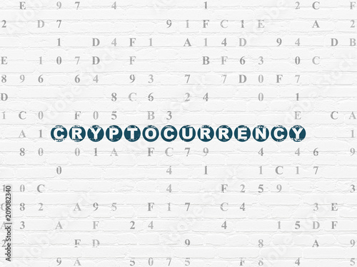 Information concept  Painted blue text Cryptocurrency on White Brick wall background with Hexadecimal Code