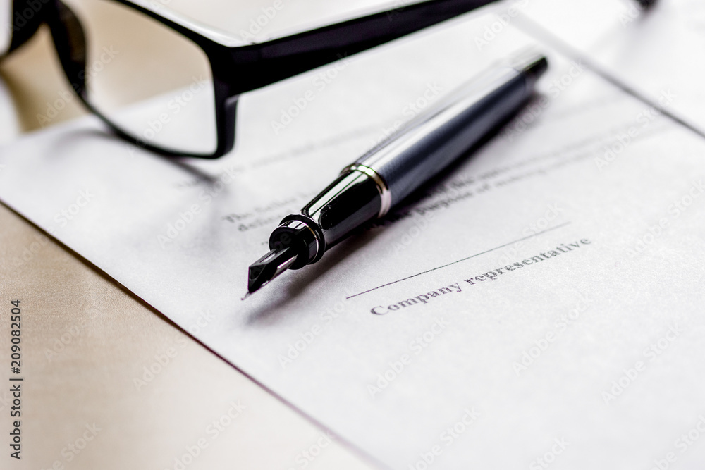 office desk with signing contract, glasses and pen for business office desk with signing contract, glasses and pen for business