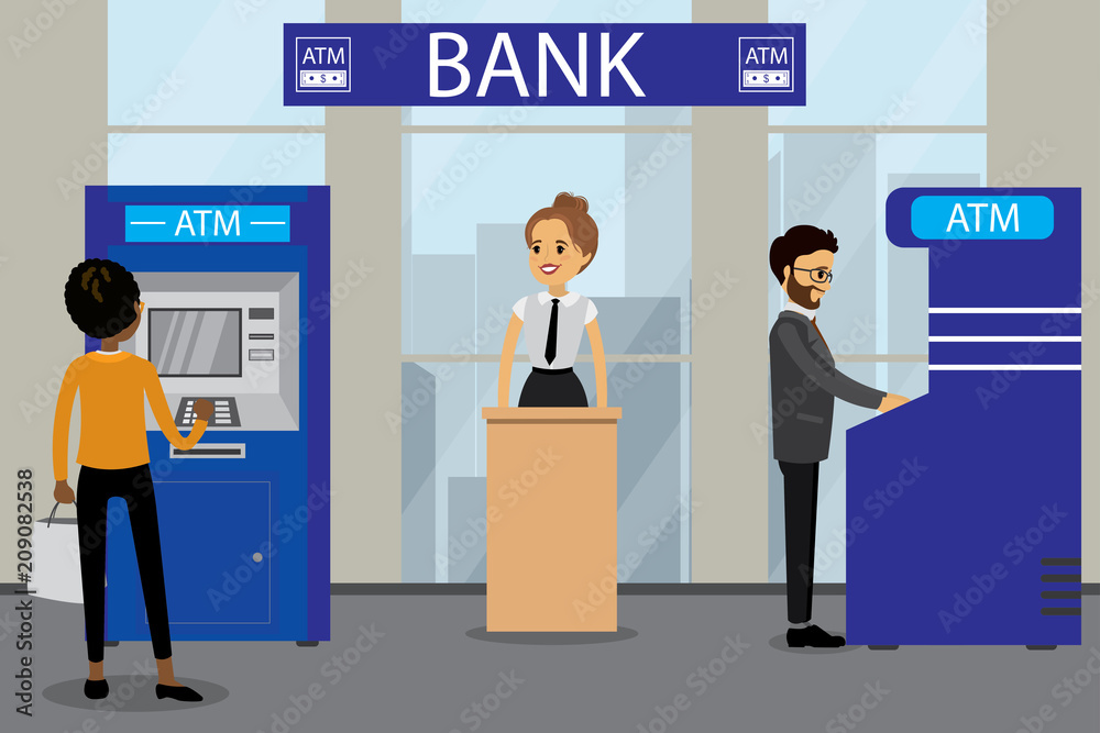 People and ATM bank terminals,human back view,bank interior People and ATM bank terminals,human back view,bank interior