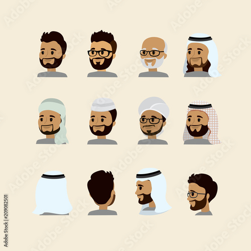 Set of arab male face,cartoon muslim avatar