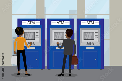 People and ATM bank terminals,human back view,bank interior,