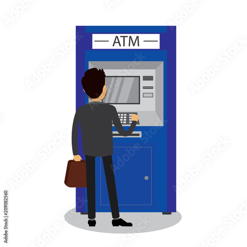 Caucasian  businessman and ATM bank terminal,human back view