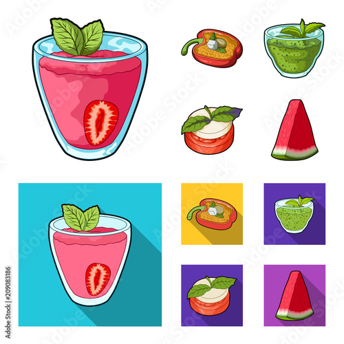 Sweet Bulgarian pepper, vitamin drink, jam with raspberry and mint leaves, a piece of watermelon. Vegetarian dishes set collection icons in cartoon,flat style vector symbol stock illustration web.