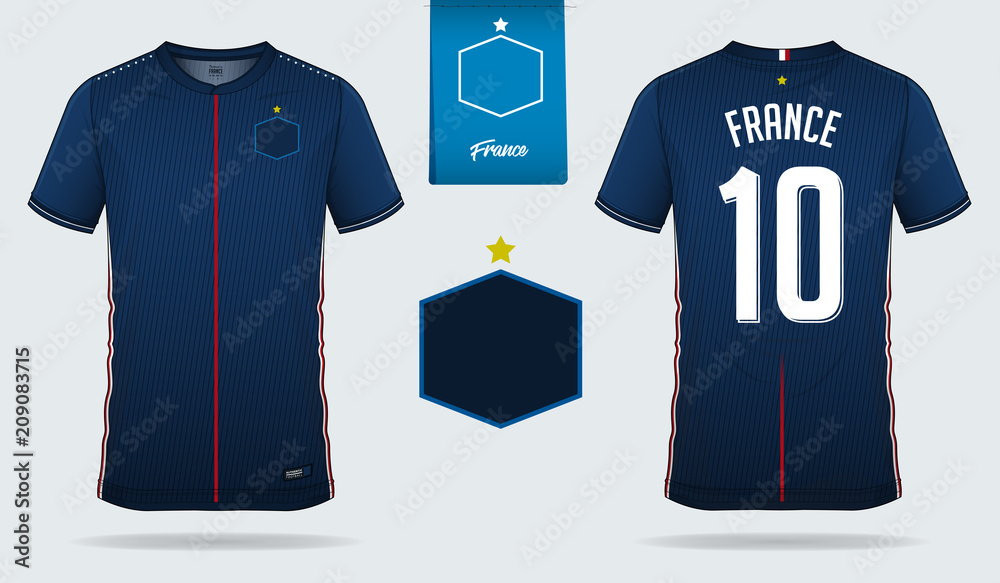Soccer jersey or football kit template design for France national football  team. Front and back view soccer uniform. Football t shirt mock up with  flat logo design. Vector Illustration Stock Vector