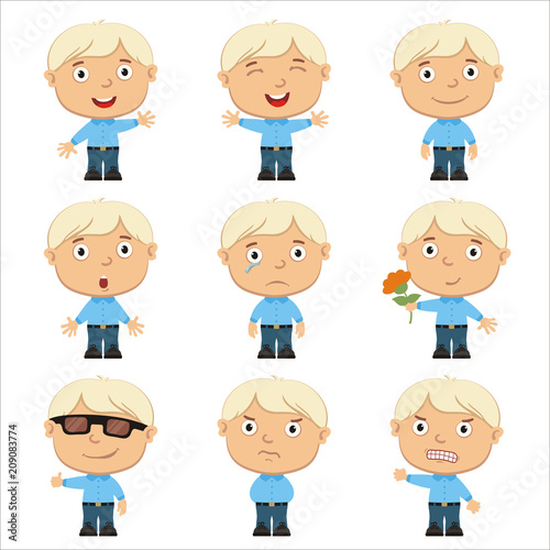 Set of little blond boy in different poses and emotion isolated on white background.