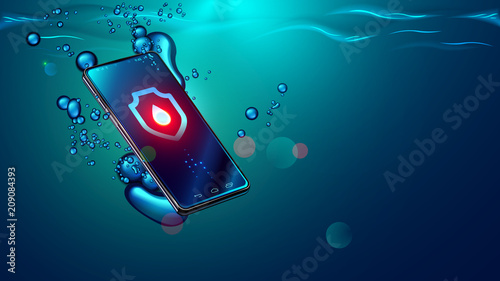 Black smartphone fall in water. Mobile smart phone sinks underwater surface. Electronic waterproof or water resistance phone dive in sea with bubbles Icon waterproof shield with drop on screen devices