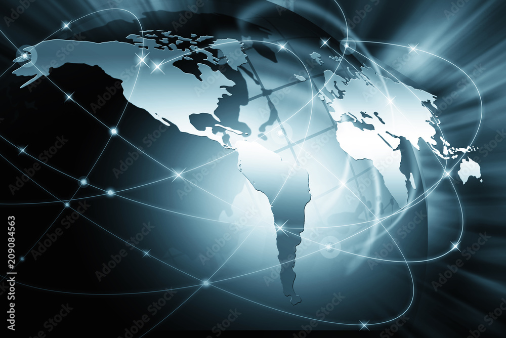 World map on a technological background, glowing lines symbols of the Internet, radio, television, mobile and satellite communications. World map on a technological background, glowing lines symbols of the Internet, radio, television, mobile and satellite communications.