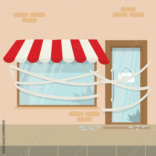 Store shop or cafe is bankrupt and closed. Locked door on a business that has gone bankrupt