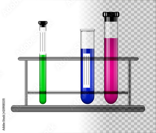 Test tubes with liquid on a glass stand. Transparent glass flasks with cap. Vector illustration.