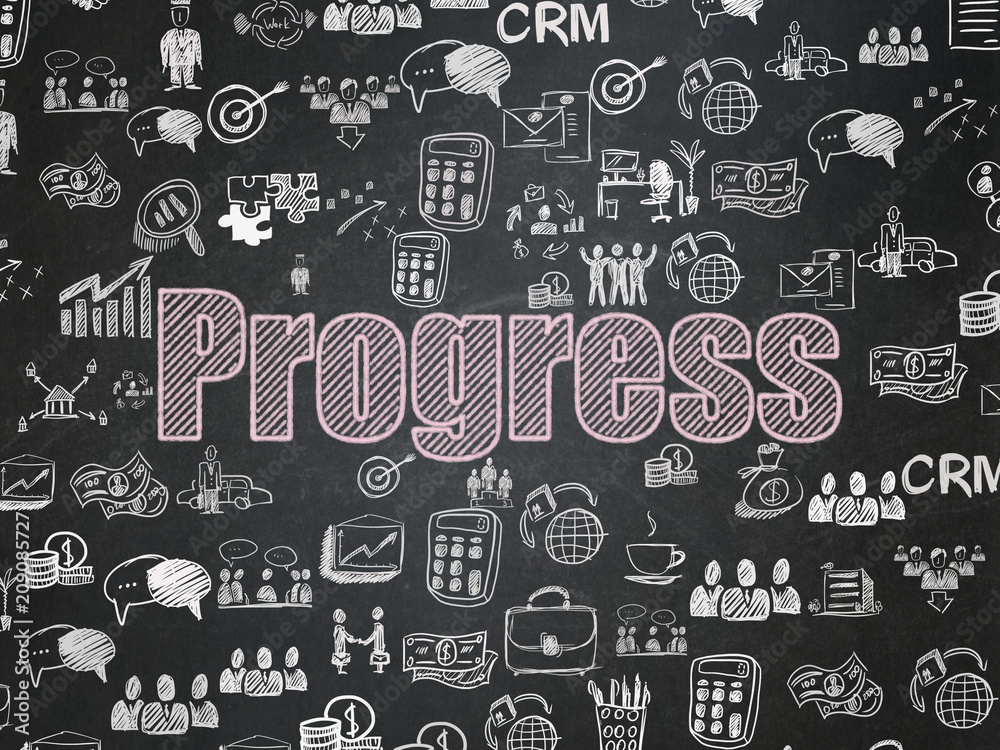 Business concept: Chalk Pink text Progress on School board background with Hand Drawn Business Icons, School Board Business concept: Chalk Pink text Progress on School board background with Hand Drawn Business Icons, School Board