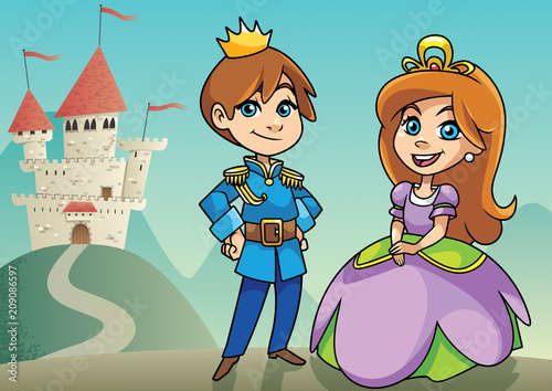 Prince and Princess / Illustration of happy little prince and princess on fantasy background.