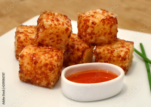 Cubes of cheese and tapioca. Brazilian snack dadinho de tapioca made of coalho cheese and tapioca flour.