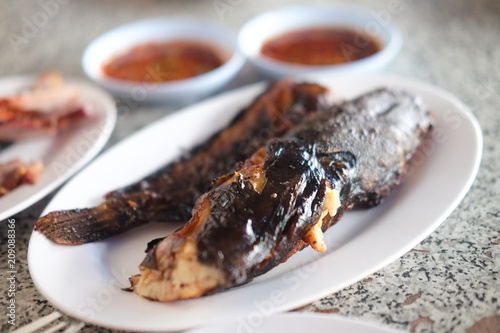 Grilled catfish on white dish