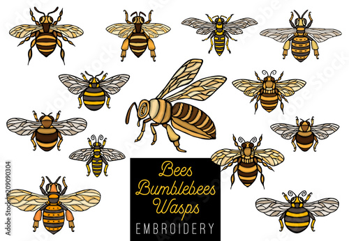 Embroidery Honey bee bumblebees wasps set sketch style collection insert wings emblem symbols Hand drawn vector illustration