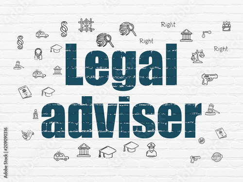 Law concept  Painted blue text Legal Adviser on White Brick wall background with  Hand Drawn Law Icons