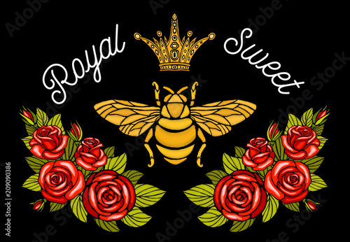 Bee crown flowers embroidery patch. Honey bee bumblebee floral leaf Insect embroidery. Hand drawn vector illustration