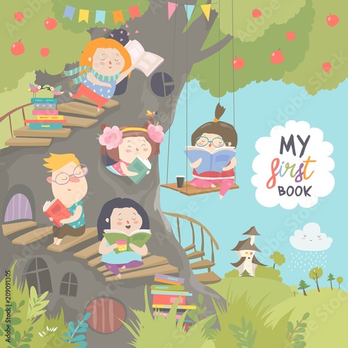 Happy children reading books in the treehouse