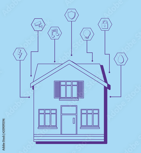 Modern house with smart home related icons over blue background, colorful design. vector illustration © djvstock