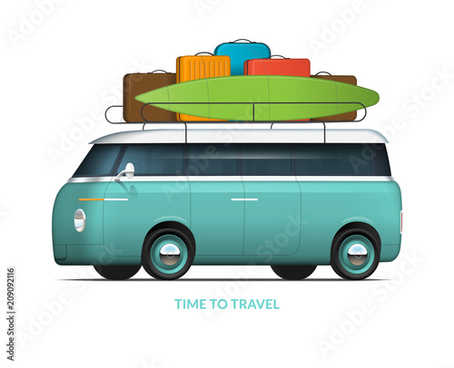Family car with roof rack packed for the trip. Modern van in vintage style with surfboard isolated on white background. Time to travel concept. Vector illustration
